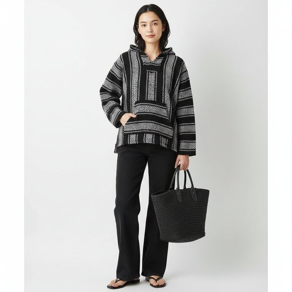 Baja Joe Black & White Striped Knit Long Sleeve Hoody Blanket Sweater M - Picture 5 of 5